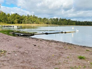 A lakeside view with a dock extending into the water, surrounded by trees and a clear sky.