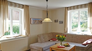 A cozy living room with a sofa, a wooden coffee table, and a radiator. There are two windows with curtains, a hanging light fixture, and a framed picture on the wall. - Holiday Apartment "kati" (Lancken-Granitz)
