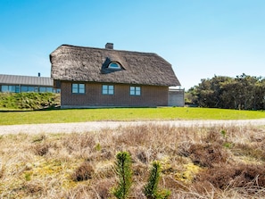 A thatched-roof house with a small window and a door, surrounded by a grassy field and trees.