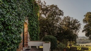 A stone staircase leading to a white bench, surrounded by lush greenery and trees. - Villa Colombini Comfortable Holiday Residence (Trequanda)