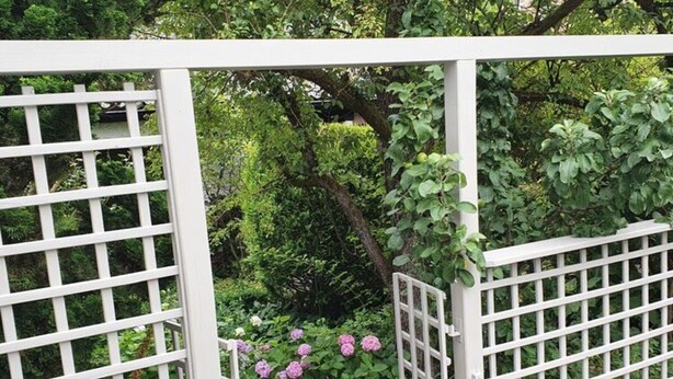 Une porte en métal blanc ornée d’un motif en forme de grillage, entourée d’un feuillage verdoyant et de fleurs roses.