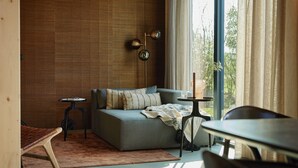 A modern living room with a sofa, a small table, and a chair. - Luxury Villa in Drenthe With Outdoor Spa (Appelscha)