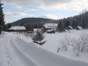 A snow-covered landscape with a wooden cabin and a house. - Holiday Apartment Finkennest (Schluchsee)