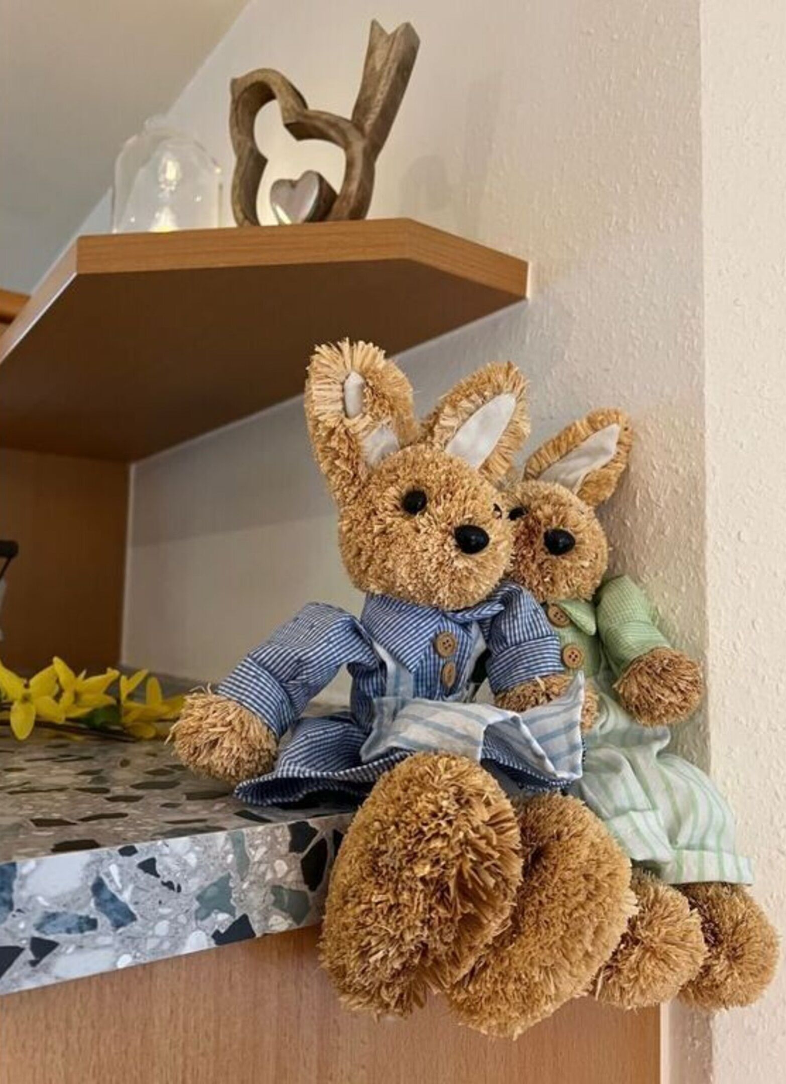 Deux ours en peluche sont assis sur une étagère.