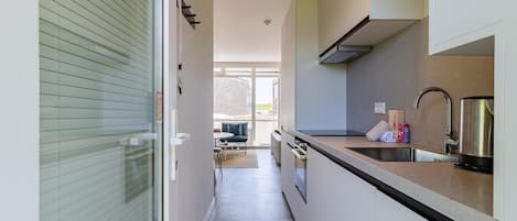 A narrow kitchen with a countertop, a sink, and a stove.