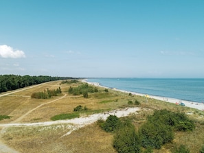 Eine Küstenlandschaft mit Strand, einem Feldweg und bewaldetem Gebiet.