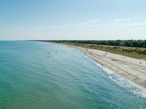 A beach with clear water, a sandy shore, and a forested area in the background. - 6 Person Holiday Park Home in Vaeggerlose (Vaeggerlose)