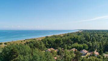 A coastal residential area with houses surrounded by dense forest, a beach, and a clear blue sky.
