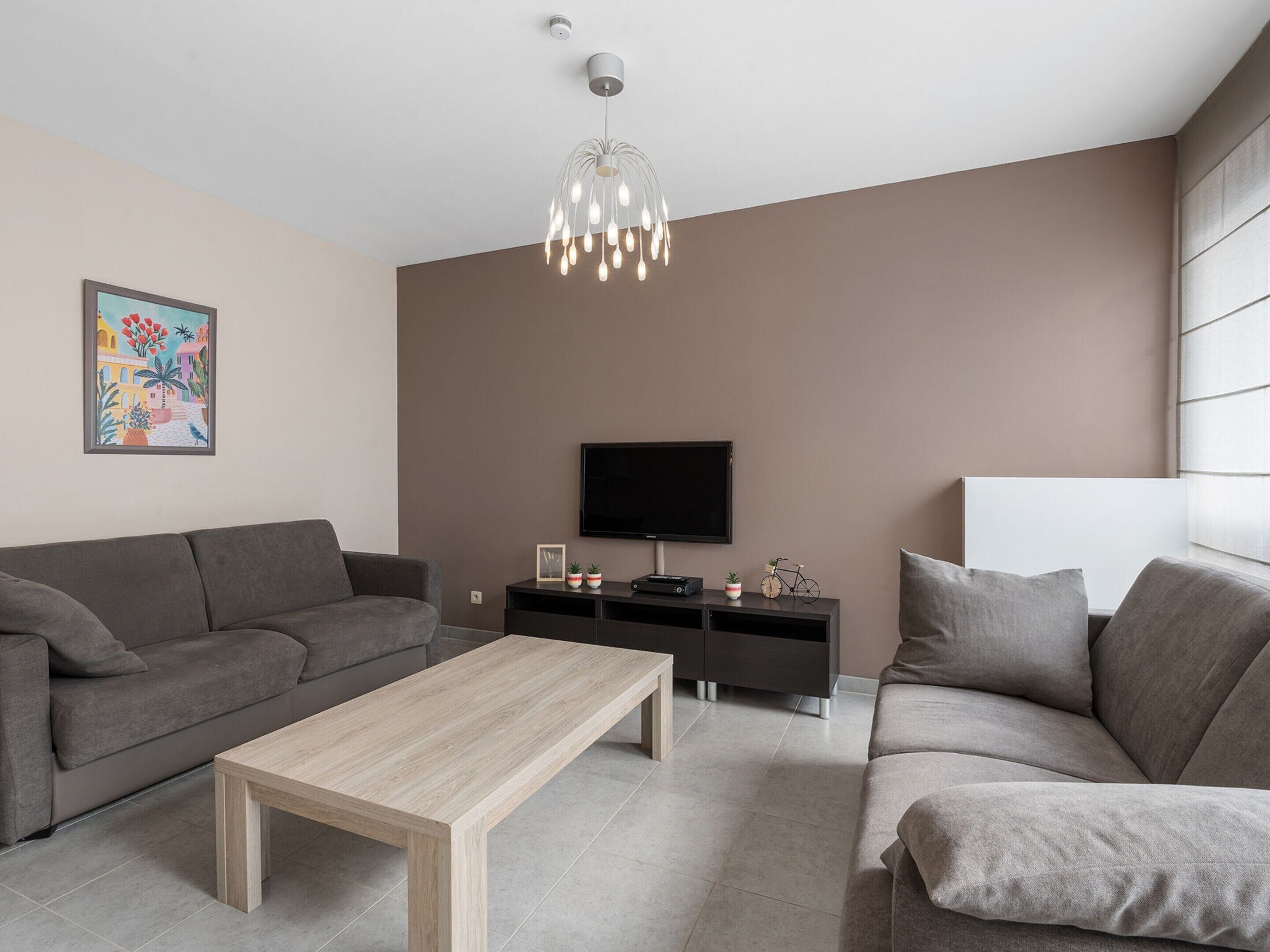 Un salon moderne avec un canapé gris, une table basse en bois, un téléviseur posé sur un meuble noir et une plante décorative.