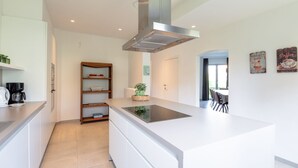 Una cocina moderna con armarios blancos, una isla central y una estufa integrada. Se observa una unidad estantería de madera con vajilla y una planta pequeña.