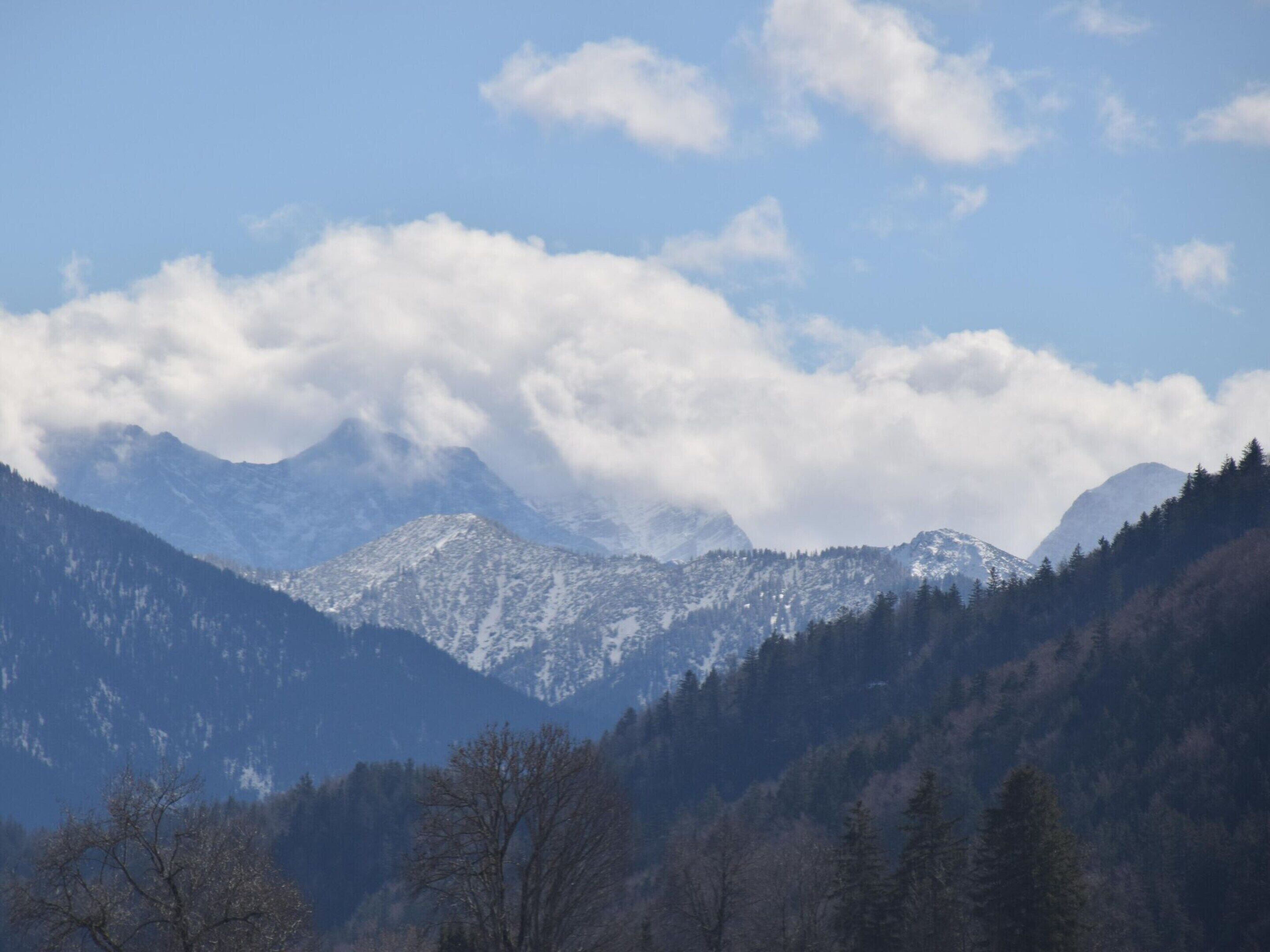 A mountainous landscape with snow-capped peaks and a forested valley.