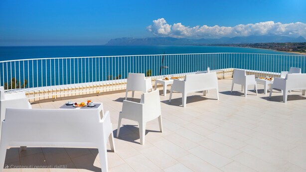 A terrace with white chairs and tables, overlooking a coastal view with mountains in the distance. - Sol Y Mar Camere e Appartamenti (Castellammare del Golfo)