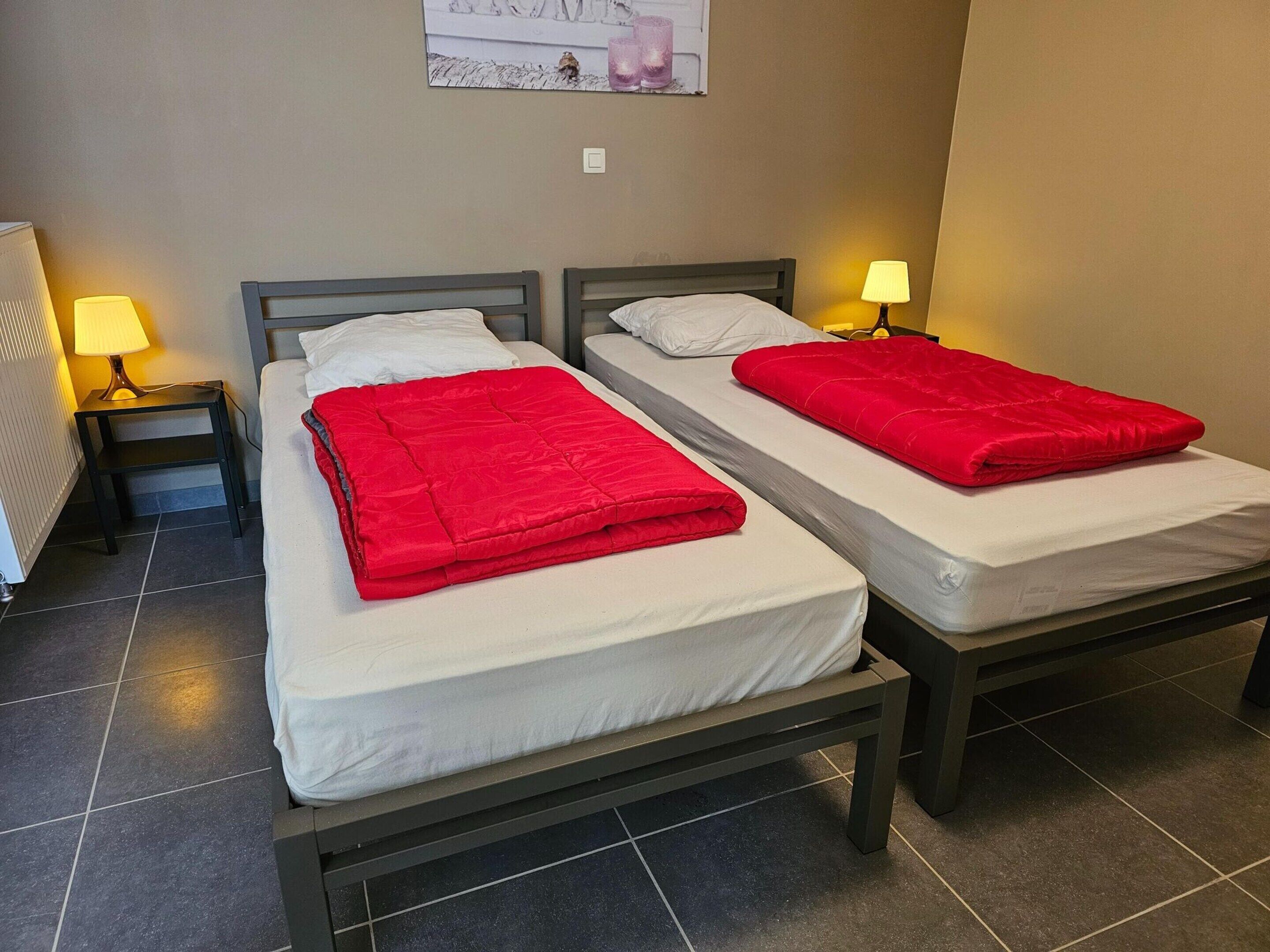 A double bed room with two beds, each with a red blanket, a nightstand with a lamp, and a wall-mounted picture.