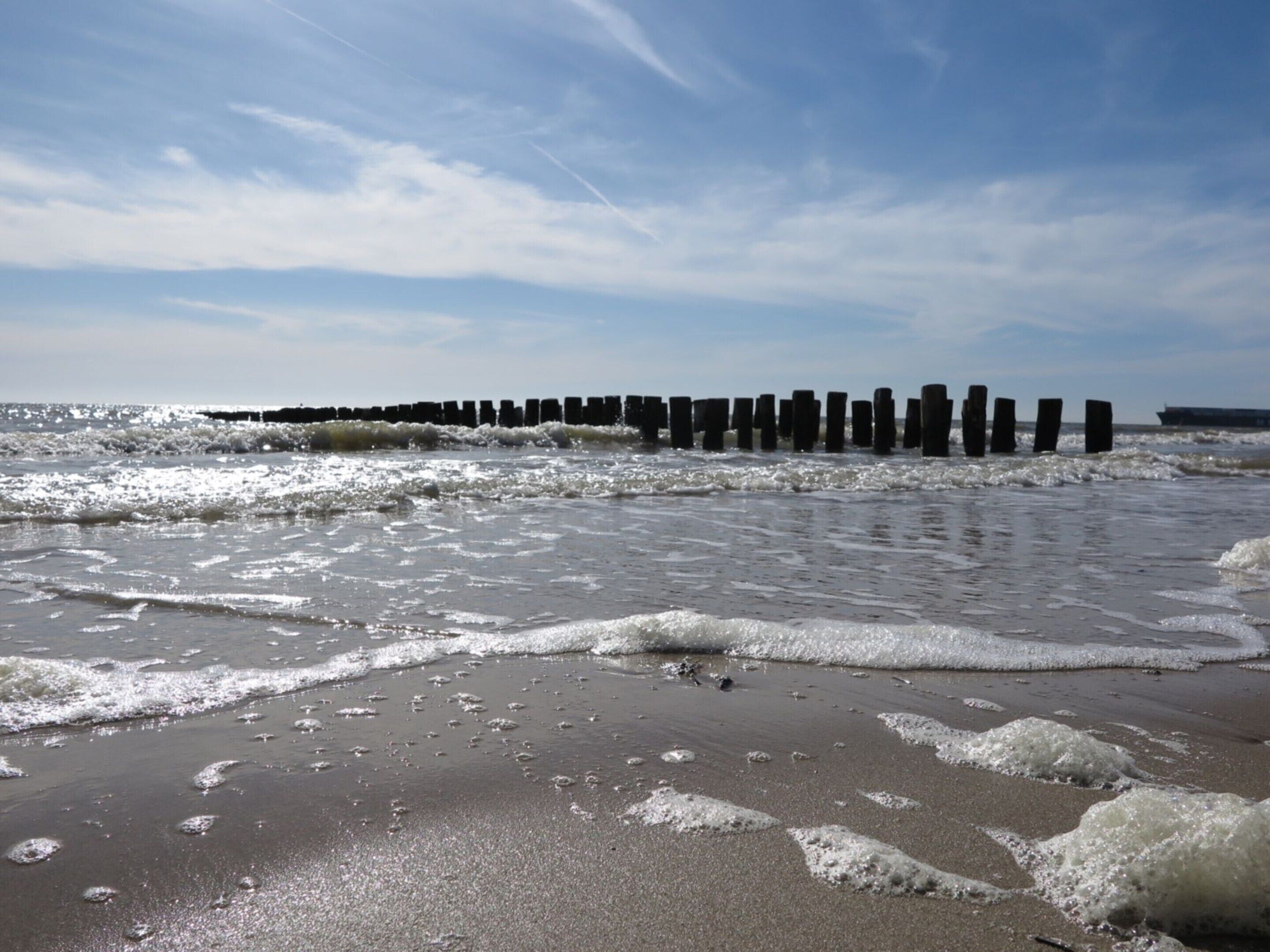 A beach with wooden posts in the water, waves, and a clear sky.