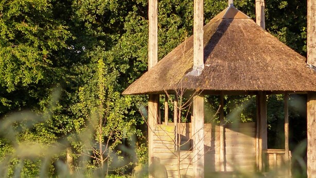A wooden gazebo with a thatched roof, surrounded by lush greenery. - Apartment in Kornhorn Near Curringherveld (Kornhorn)