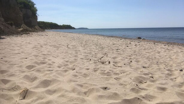 Ein sandiger Strand mit blauem Himmel und ruhigem Meer.