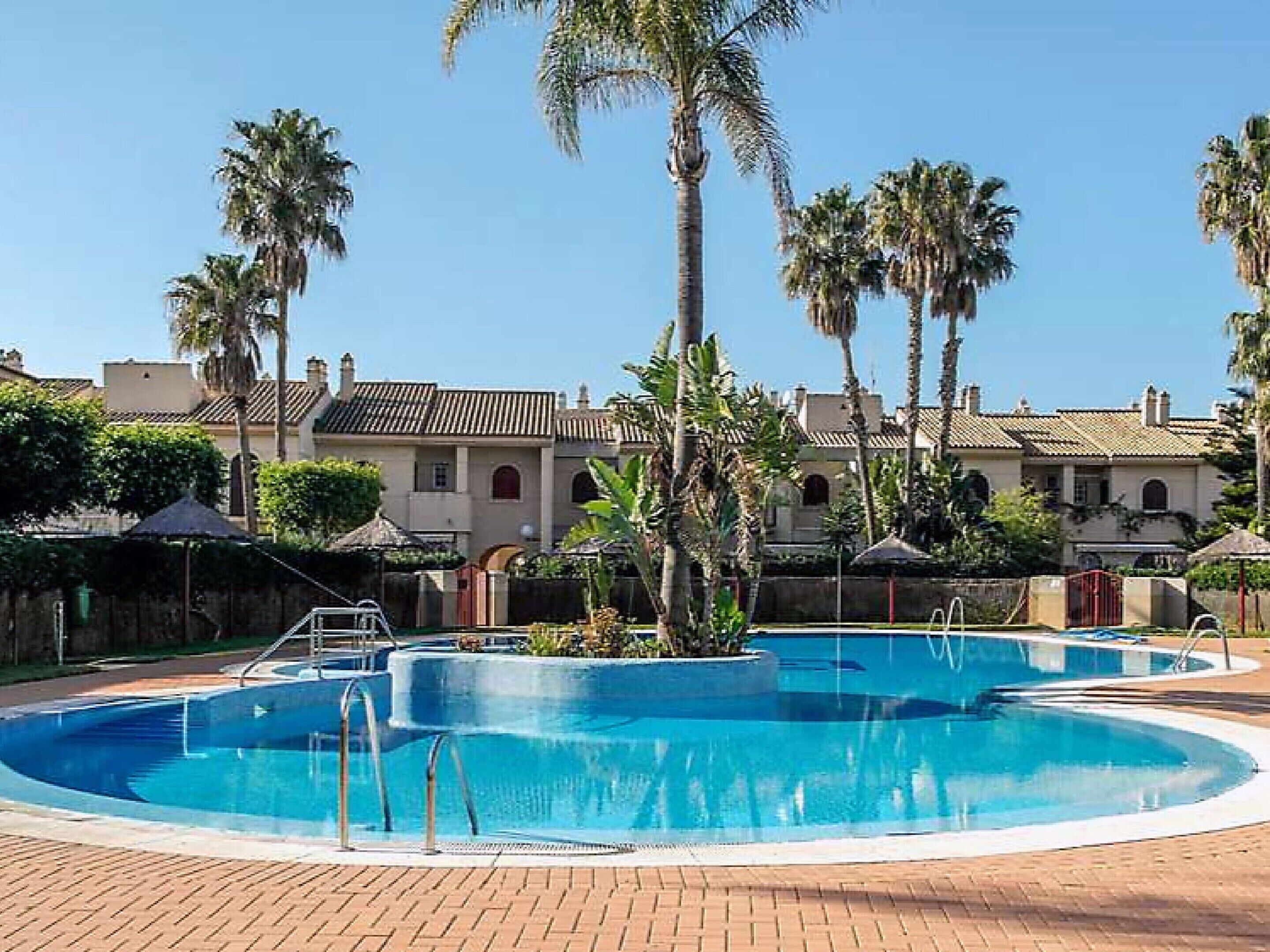 A swimming pool with a tiled deck, surrounded by palm trees and a building with a tiled roof.