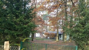 Un espace extérieur clos, avec des arbres et un bâtiment en arrière-plan.