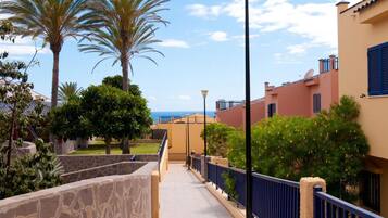 A pathway lined with palm trees and a stone wall, leading to a building with a blue railing and a lamp post.
