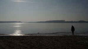 Une plage où une personne se tient sur le sable, une mer calme et un ciel dégagé avec un soleil brillant.
