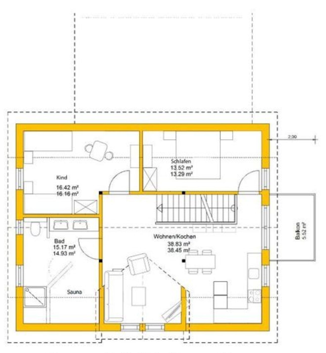 Planta baixa mostrando uma área de estar/cozinha com 38,83 m², um banheiro de 15,17 m², um quarto de 16,42 m² e uma sauna.