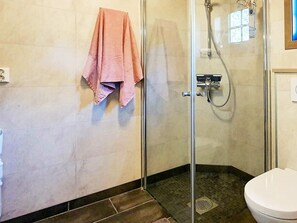 A bathroom with a glass shower enclosure, a white toilet, and a pink towel hanging on the wall. - 4 Star Holiday Home in Passebekk (Kongsberg)