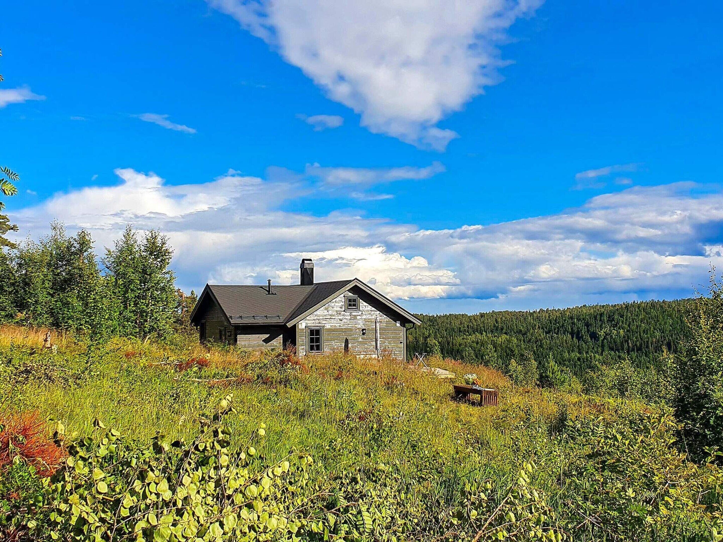 A rustic cabin with a sloped roof, surrounded by dense forest and under a clear blue sky.