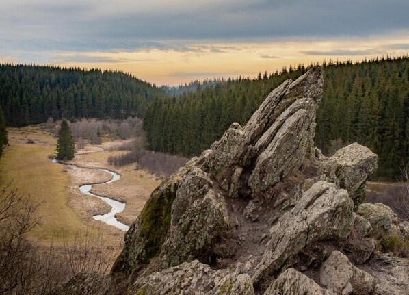 A rocky terrain with a river flowing through a forested valley.