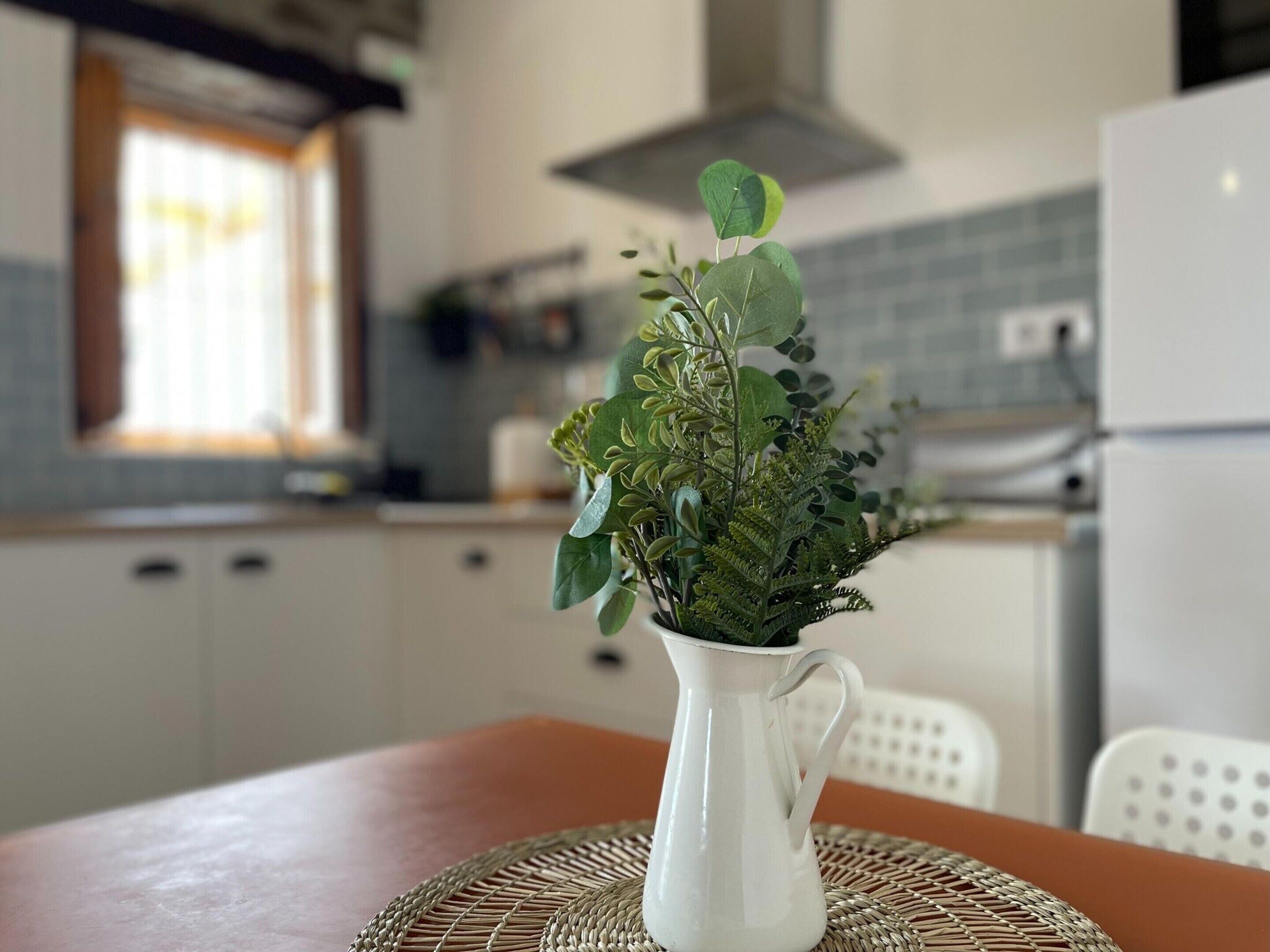 A white pitcher with a plant on a woven placemat on a kitchen table.