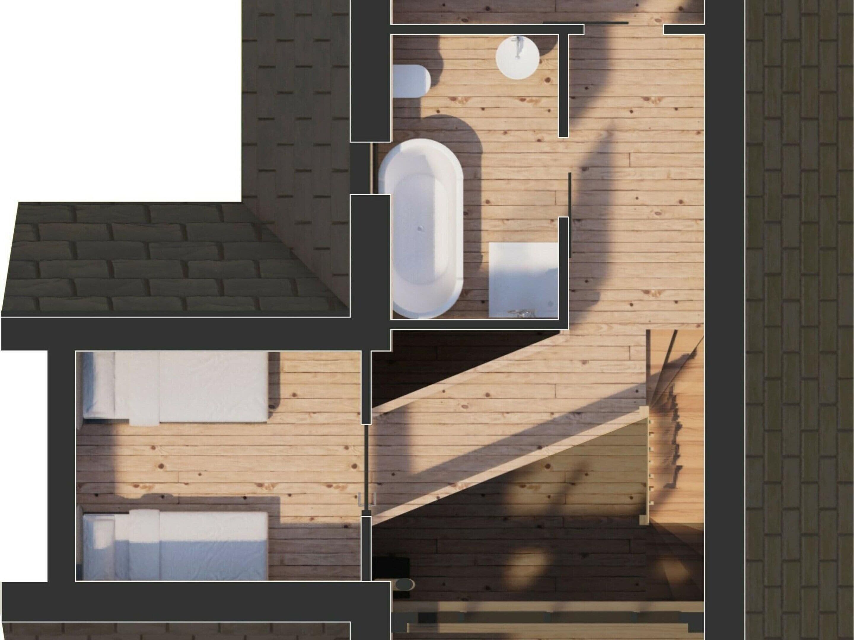 A modern building with a wooden interior, including a bathroom with a bathtub, a shower, and a toilet.