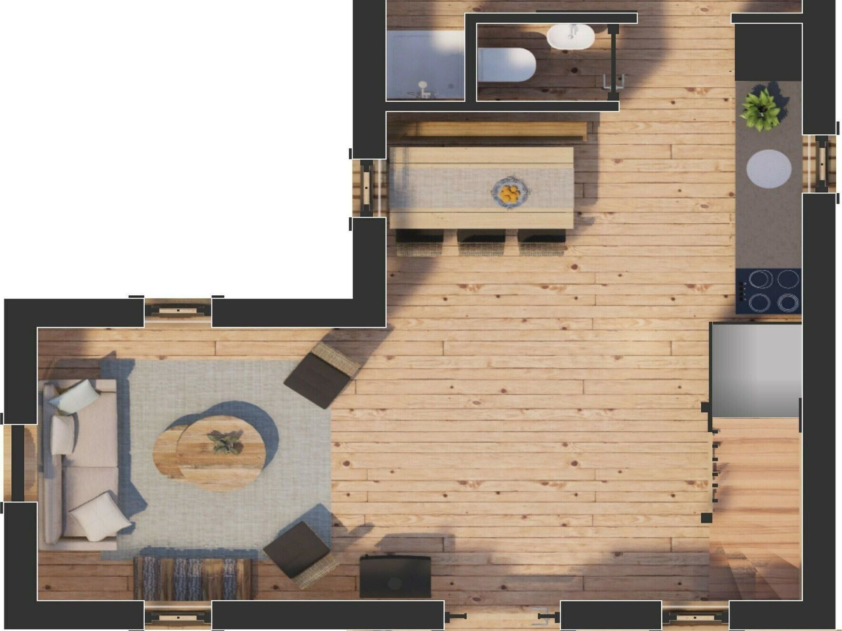 Een plattegrond van een kamer met een houten vloer, een zithoek met een ronde tafel, een kitchenette en een kleine badkamer.