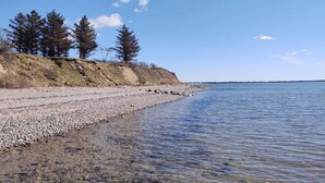 Una playa de canto rodado con aguas cristalinas, árboles y una costa distante.
