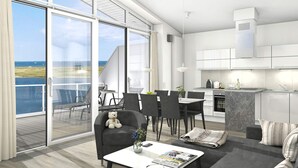 A modern interior with a balcony, dining area, kitchen, and seating space. - Holiday Home in Wendtorf (Wendtorf)