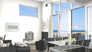 A modern living room with a fireplace, dining area, and large windows offering a view of the sea. - Holiday Home in Wendtorf (Wendtorf)