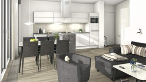 A modern interior with a dining area, kitchen, and living space. - Holiday Home in Wendtorf (Wendtorf)