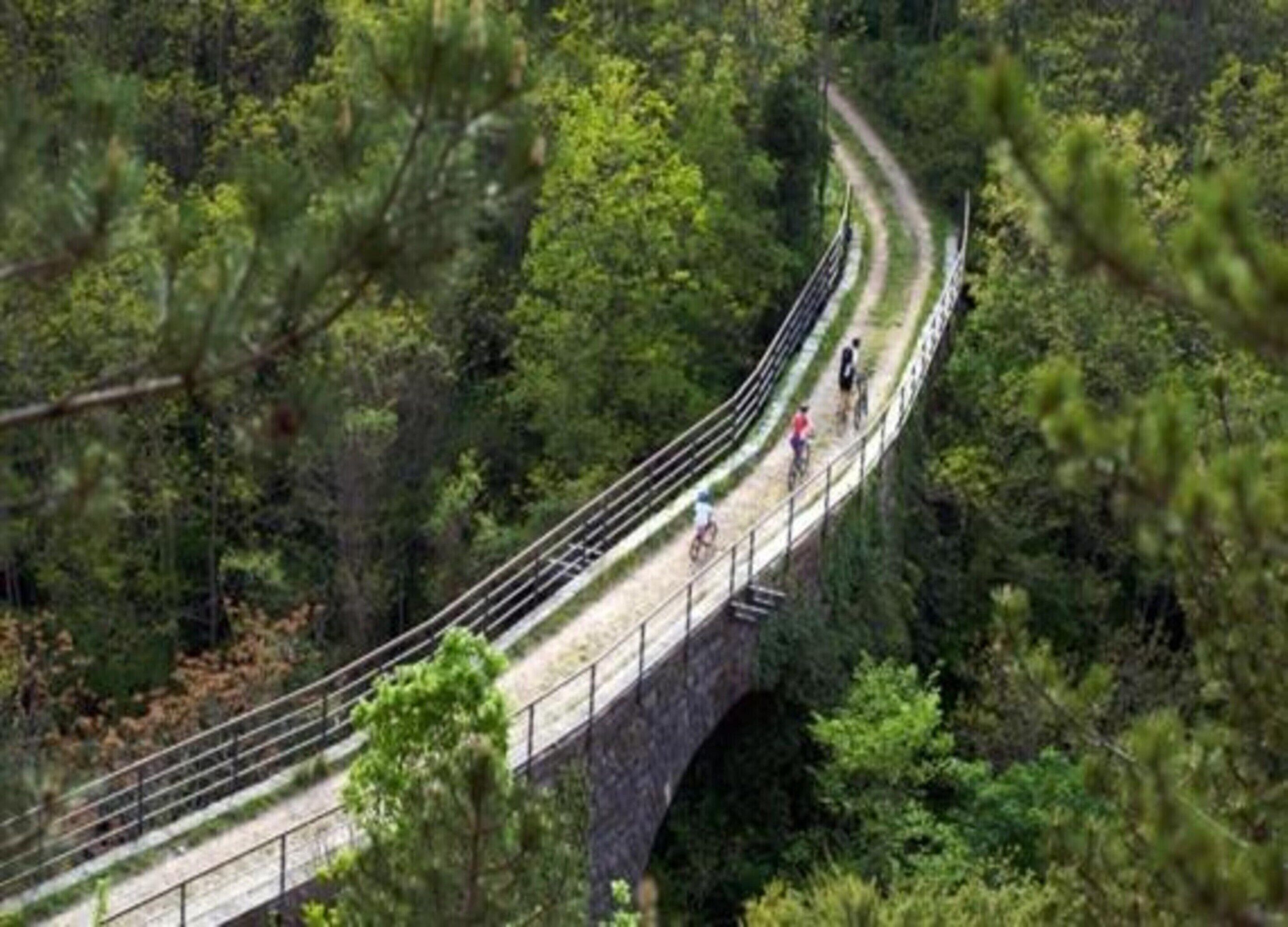 A stone bridge with a pedestrian path, surrounded by dense forest.