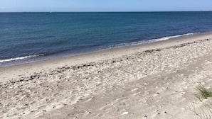 En strand med klar himmel, stilla hav och en sandstrand.