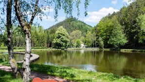 A serene lakeside park with a walking path, a wooden dock, and a metal ant sculpture.