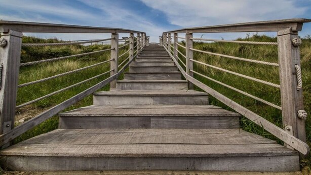 Eine Holztreppe führt zu einer höheren Ebene, umgeben von grünen Flächen und einem klaren Himmel.