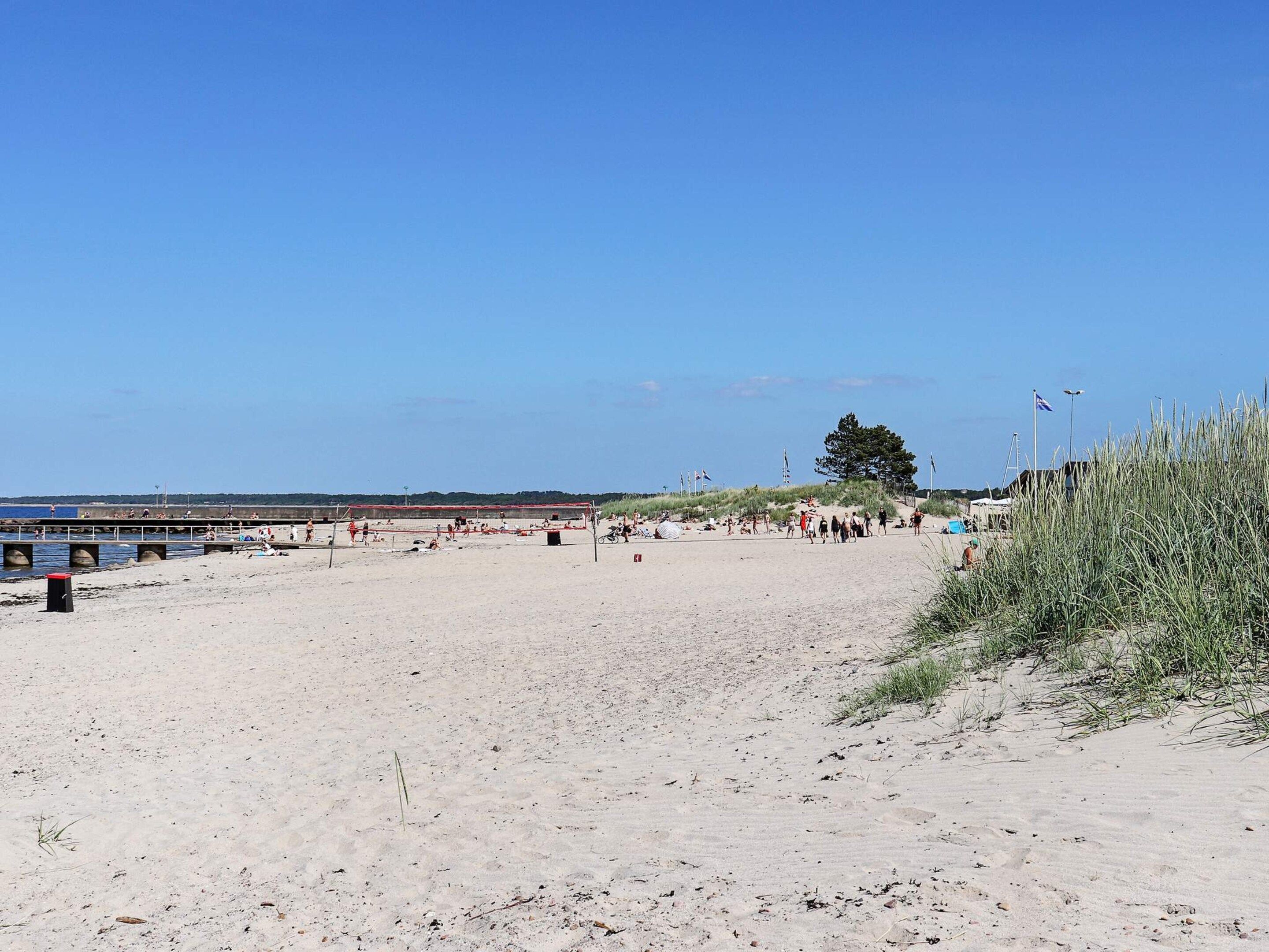 A beach with a volleyball court, a pier, and a grassy area.