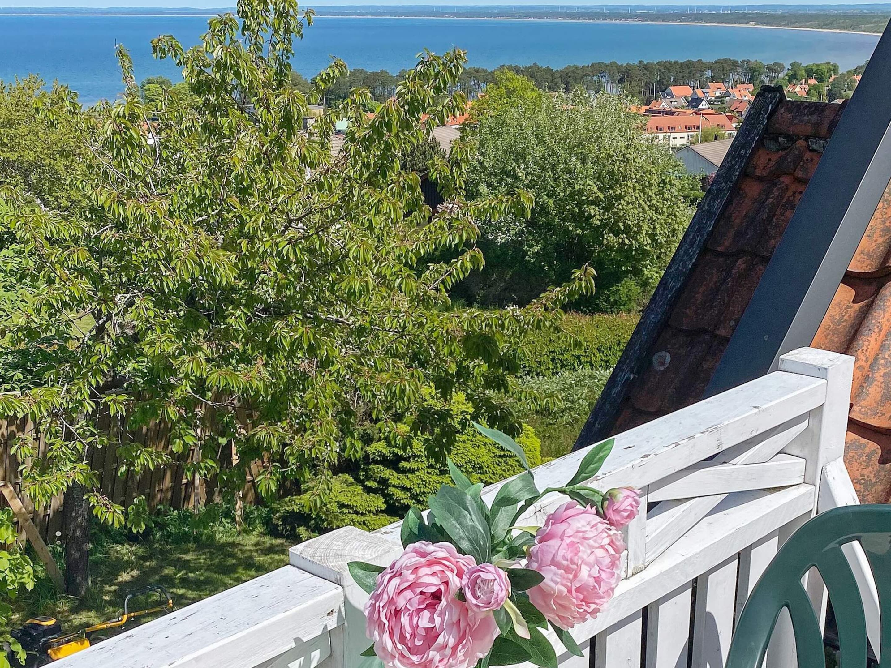A balcony with a railing, a lawnmower, and pink flowers.