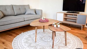 A living room with a grey sofa, two wooden coffee tables, a round patterned rug, and a TV stand with a flat-screen TV. - Holiday Home Time out in the Monument (Lohr am Main)
