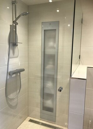 A modern shower enclosure with a frosted glass door, a handheld showerhead, and a wall-mounted faucet. - Holiday Home Zanddrijver (Makkum)