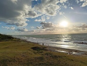 A coastal landscape with a beach, grassy area, and ocean. - 4 Person Holiday Home in Gilleleje (Gilleleje)
