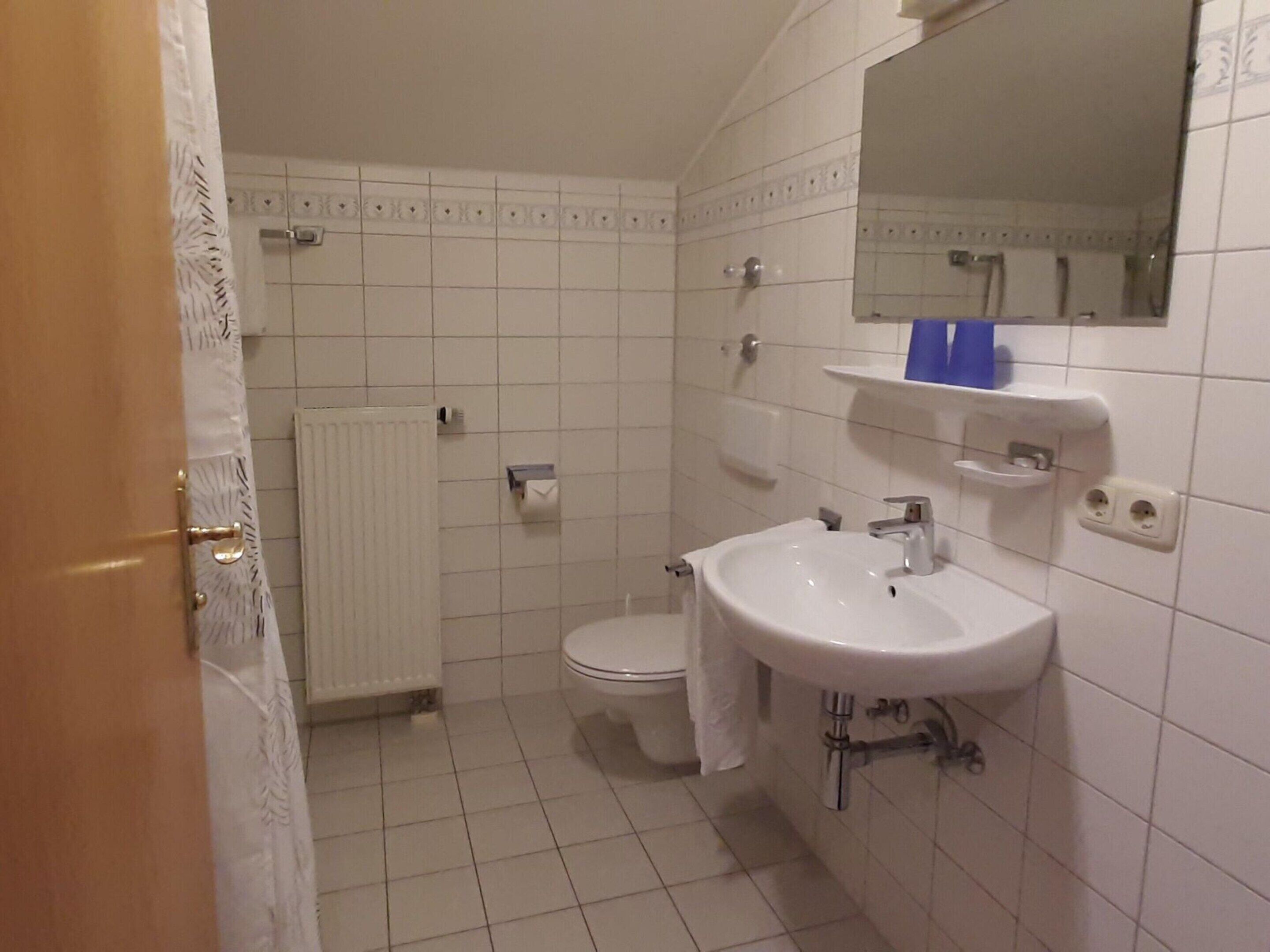 Une salle de bain avec des toilettes, un lavabo et un miroir.