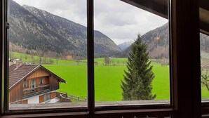 Blick durch ein Fenster auf eine Berglandschaft mit einem grünen Feld, einem Holzhaus und einer Nadelbaum.