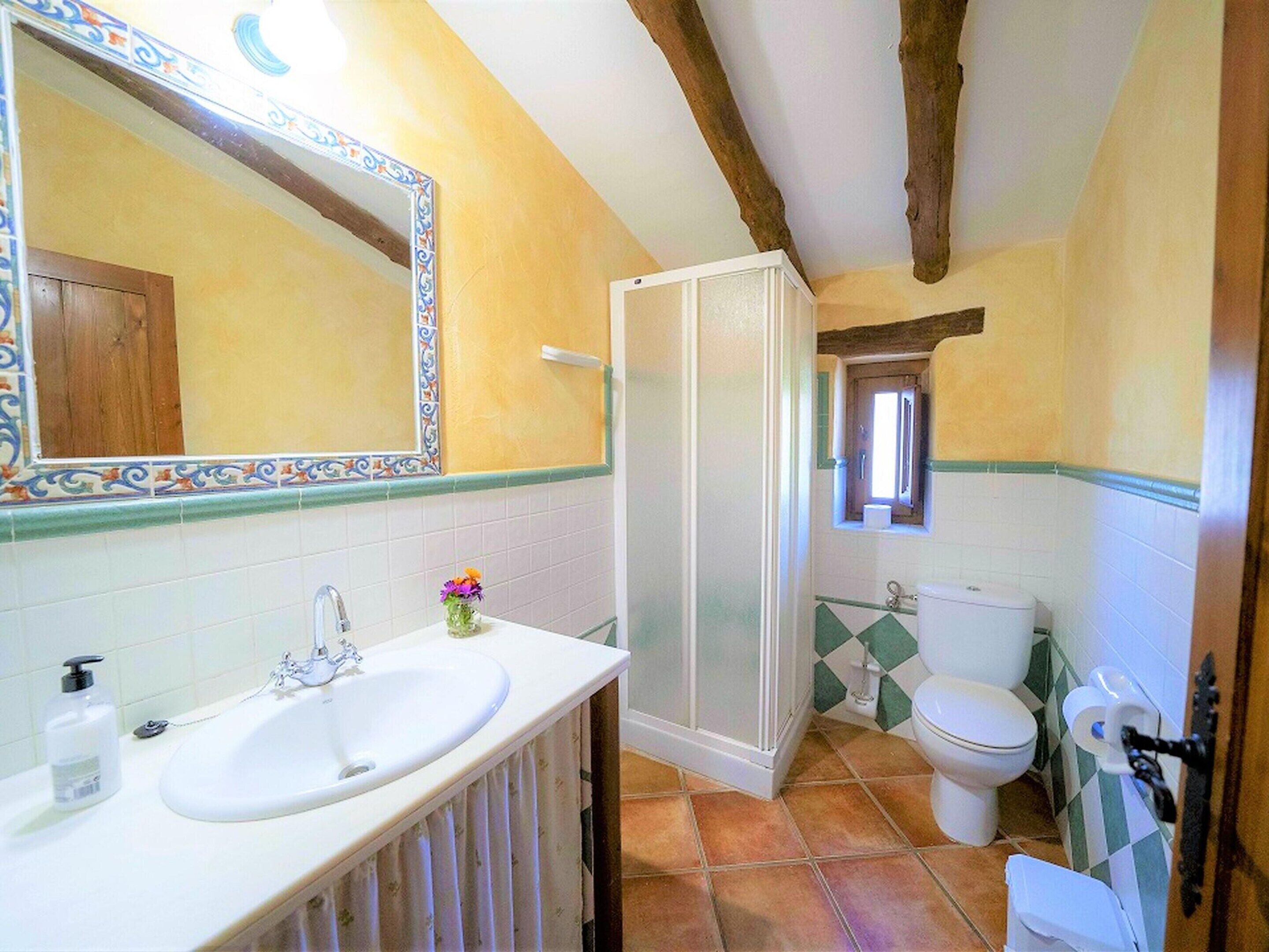A bathroom with a white sink, a mirror with a decorative frame, a shower, and a toilet.