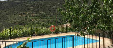 A swimming pool with a black metal fence, surrounded by greenery and a hilly landscape in the background.