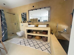 Hair dryer, towels, soap, toilet paper