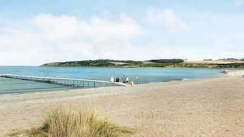 Una spiaggia con un molo che si protende su acque calme, una zona erbosa in primo piano e un paesaggio collinare sullo sfondo.